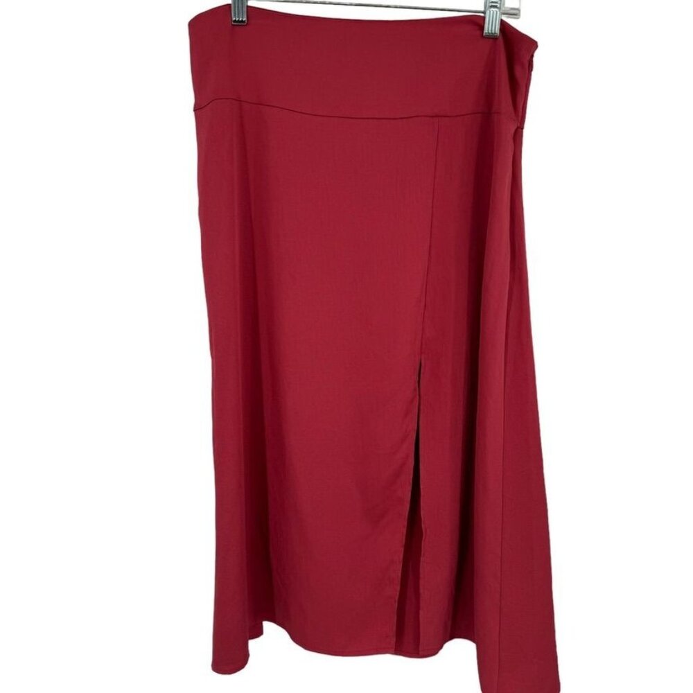 Express Red Midi Skirt Womens Size large High Waist Slit satin formal career new
